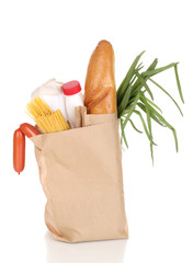Paper bag with food isolated on white