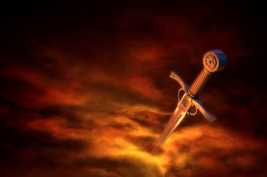 3D illustration of a medieval sword in fire smoke