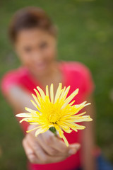 Woman holding a yellow flower in one hand at arms reach