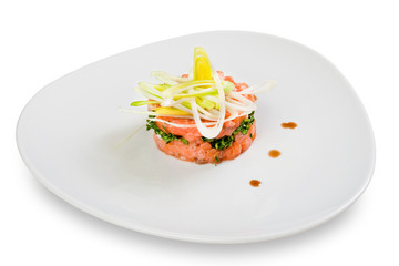 Salmon salad on plate, isolated on white
