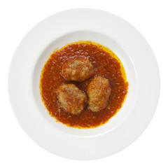 Meatballs albondigas, tomato, olive oil, plate isolated on white