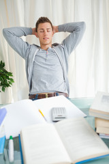 Student stretching with closed eyes