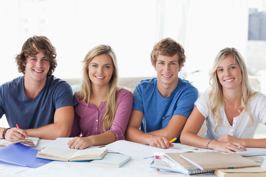 A smiling group of student sitting and looking at the camera