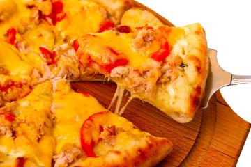 Appetizing pizza cheese on wooden tray closeup on white backgrou