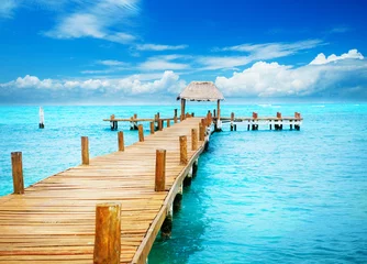 Foto op Plexiglas Lichtblauw Vakantie in Tropisch Paradijs. Steiger op Isla Mujeres, Mexico