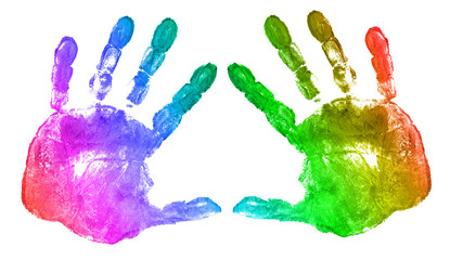 rainbow hand prints on white