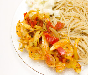 Vegetable souce with onion, tomato, pepper and pasta