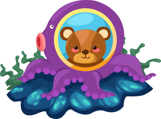 cute bear in ouctupus submarine