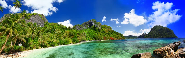 Papier Peint photo Panoramique panorama de la belle plage tropicale déserte