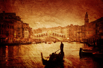 Textured image of Grand Canal and Rialto Bridge in Venice.