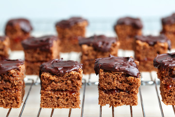 Chocolate cake squares with chocolate icing on a cooling rack