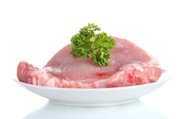 sliced raw pork steak isolated on white