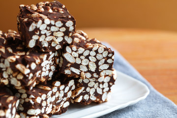 Puffed rice chocolate squares, made at home, detail