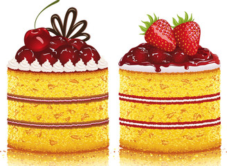 Cherry cake and a strawberry cake on white background
