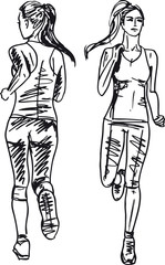 Sketch of female marathon runner, view of back and front. Vector