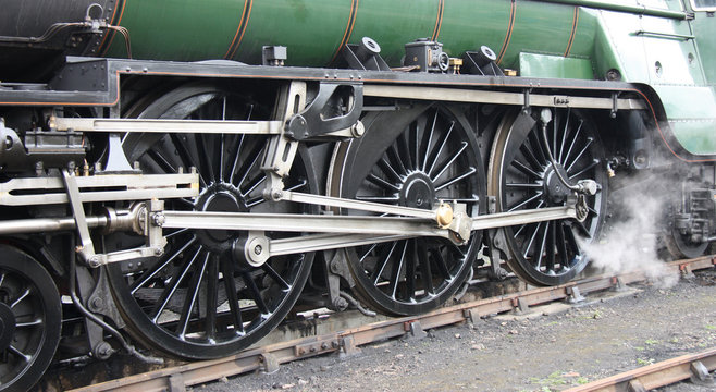 The Heavy Metal Wheels of a Steam Train Locomotive.