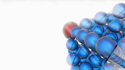 Pyramid of blue balls with red on the top on a white background