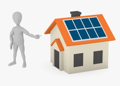 3d render of cartoon character with solar house