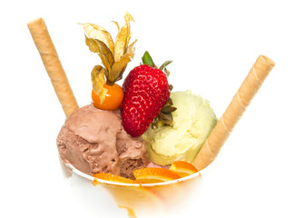 yogurt and chocolate ice cream in a bowl close up