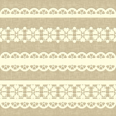 Vintage straight lace on linen canvas background.
