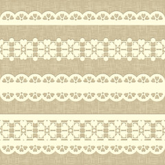 Vintage straight lace on linen canvas background.