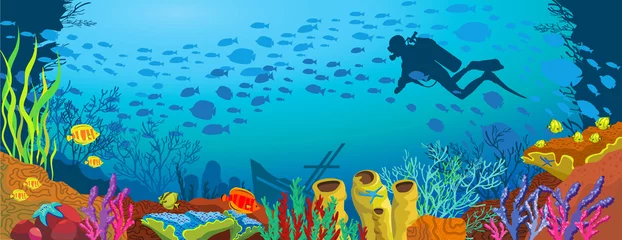 Poster Cartoon gekleurd koraalrif en duiker © Natali Snailcat