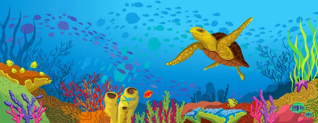 Wandcirkels aluminium Gekleurd koraalrif en gele schildpad © Natali Snailcat