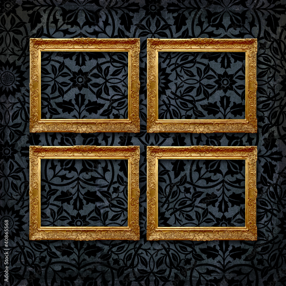 Sticker vintage mockup, gallery of 4 empty vintage frames on a black velvet wallpaper