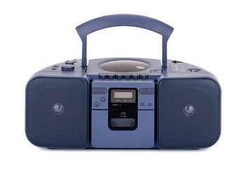 Blue stereo CD radio cassette recorder isolated on white - obrazy, fototapety, plakaty