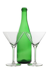 Empty glasses beakers and green bottle