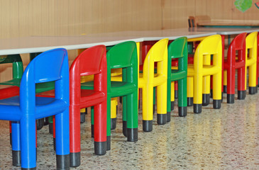 Chairs and tables in a dining hall for a kindergarten
