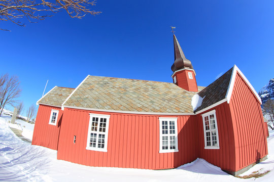 Red Lofoten's church in the snow