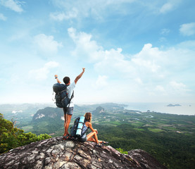 Fototapeta premium Tourists with backpacks