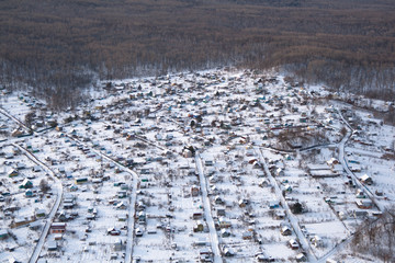 Typical Russian summer cottage settlement– aerial view