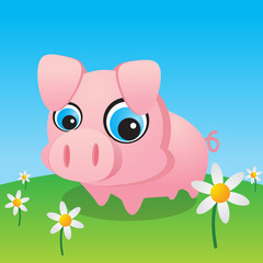 Cute Little Pig surrounded by daisies