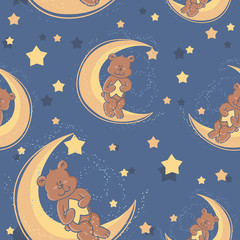 Ours en peluche assis sur un motif textile sans couture de lune