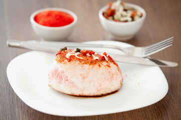 The meat prepared for a breakfast with vegetables