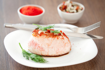 The meat prepared for a breakfast with vegetables