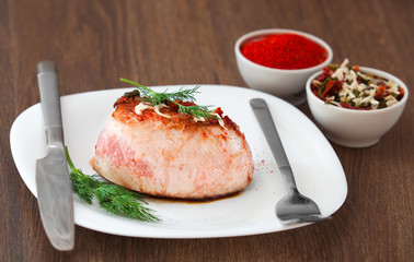The meat prepared for a breakfast with vegetables