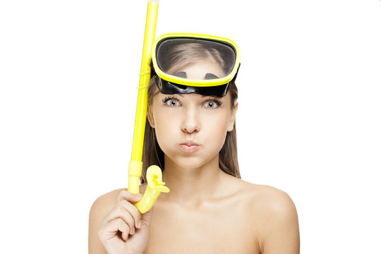 Young Woman With A Swimming Mask , On The Beach