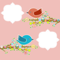 two birds in the trees with speech bubbles on tree branch