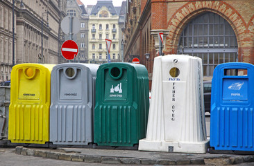 Five recycle bins for waste segregation in Budapest