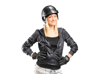 Portrait of a female motorcycler with helmet