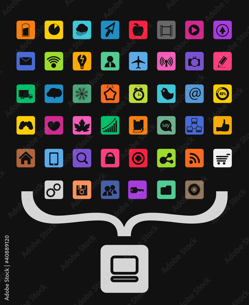 Fototapete modern color icons collecting into personal computer symbol