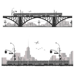 Vector illustration.City scape silhouette. Train on a bridge .