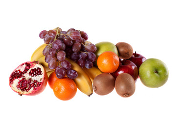 pomegranate, banana, grape, orange, mandarin, apple, kiwi,