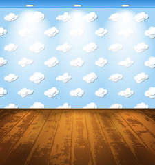Room with wooden floor and clouds on the wallpaper