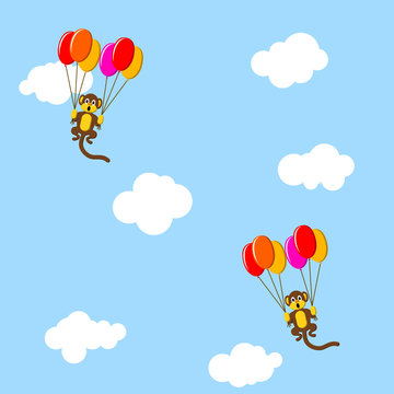 Monkeys flying with the balloons