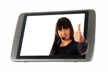 Tablet Pc and woman showing thumbs up