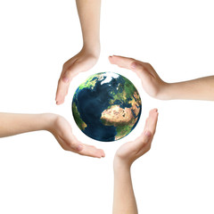 Four hands surrounding Earth, clipping path